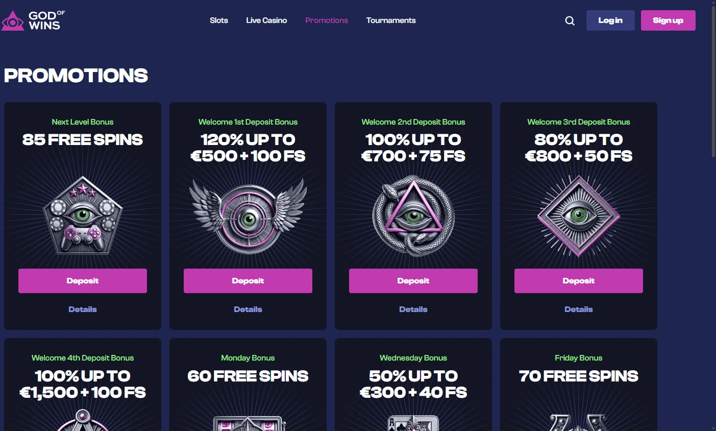 God Of Wins Casino desktop promotions interface with welcome and weekly offers