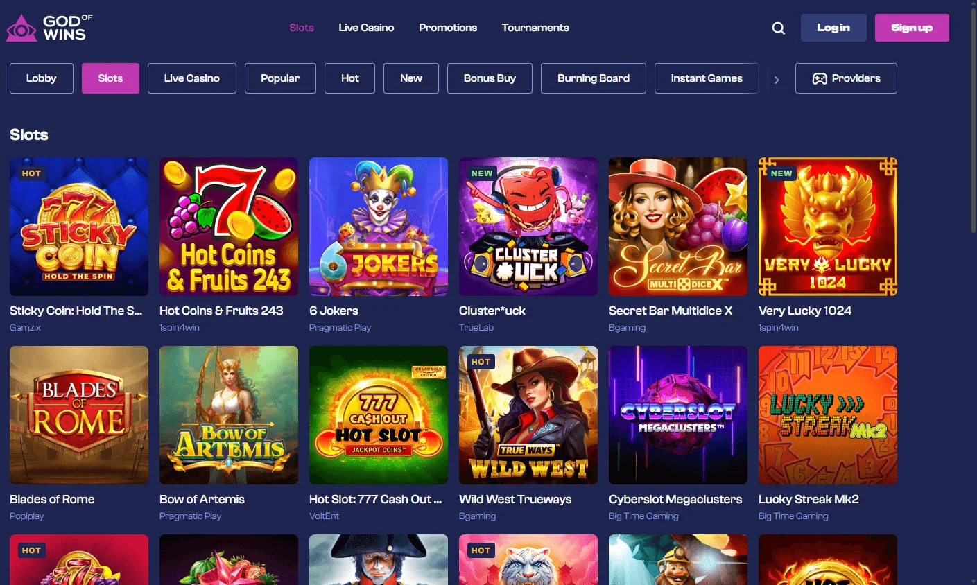 God Of Wins Casino desktop games interface with pokies and casino categories