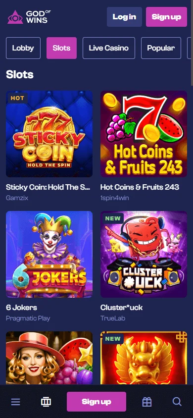 God Of Wins Casino mobile browser games interface