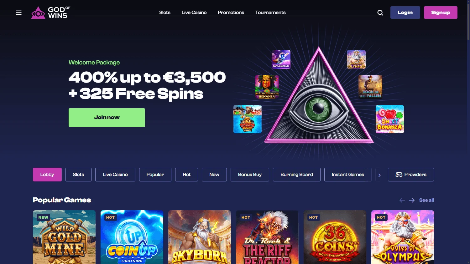 God Of Wins Casino desktop home interface with casino offers and game categories