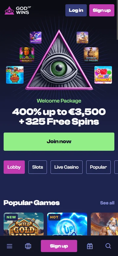 God Of Wins Casino mobile browser home interface