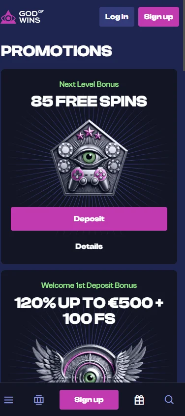God Of Wins Casino mobile browser promotions interface